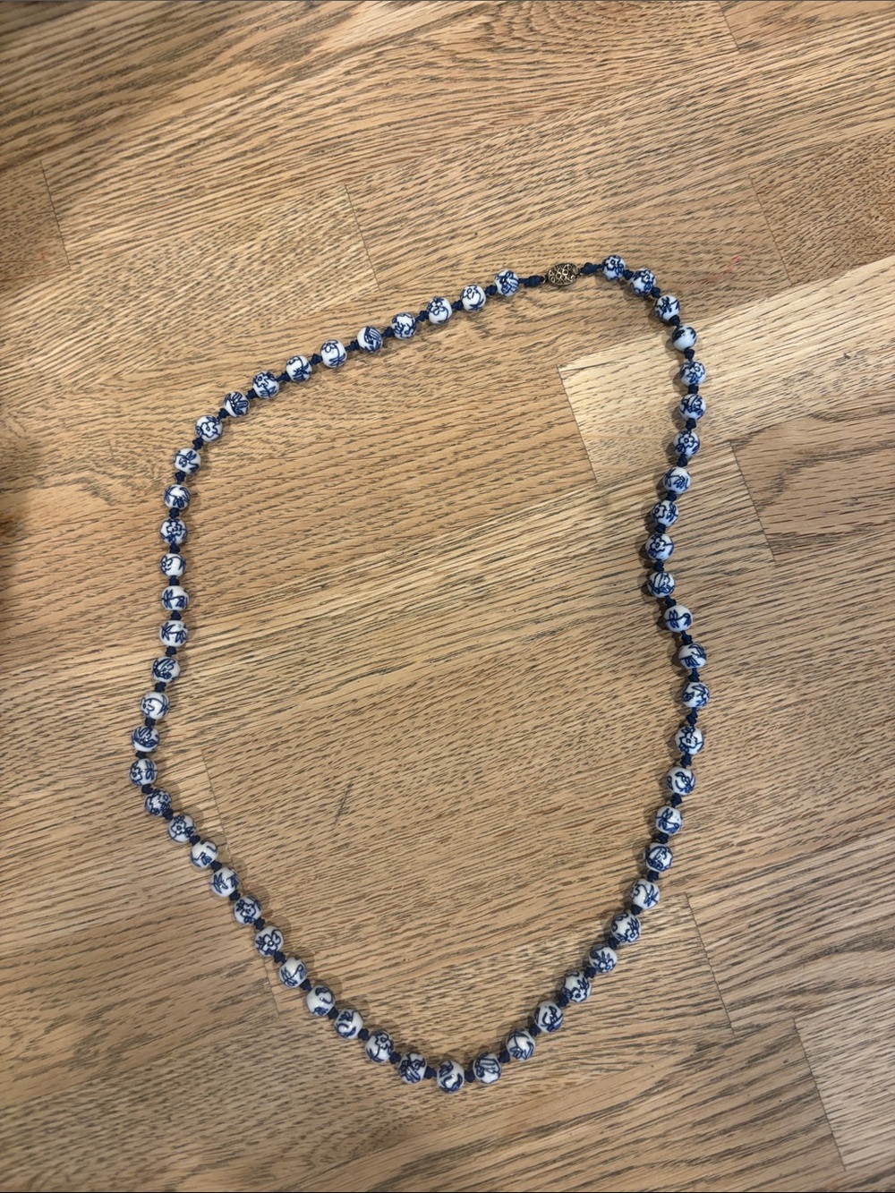 26” Vintage Chinese Blue & White Knotted Porcelain Bead Necklace - Floral Design